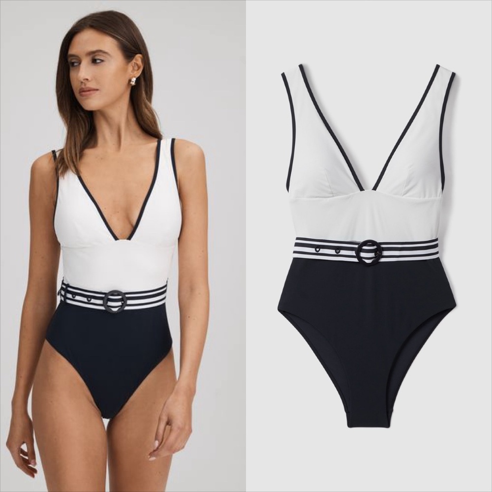 Reiss willow belted white blue swimsuit